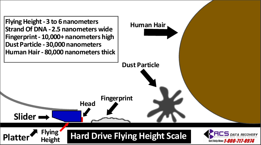 hard drive flying height as represented next to a fingerprint, dust particle and human hair. Any debris or contamination on the platter surface can cause significant damage to the platter and make data recovery impossible.